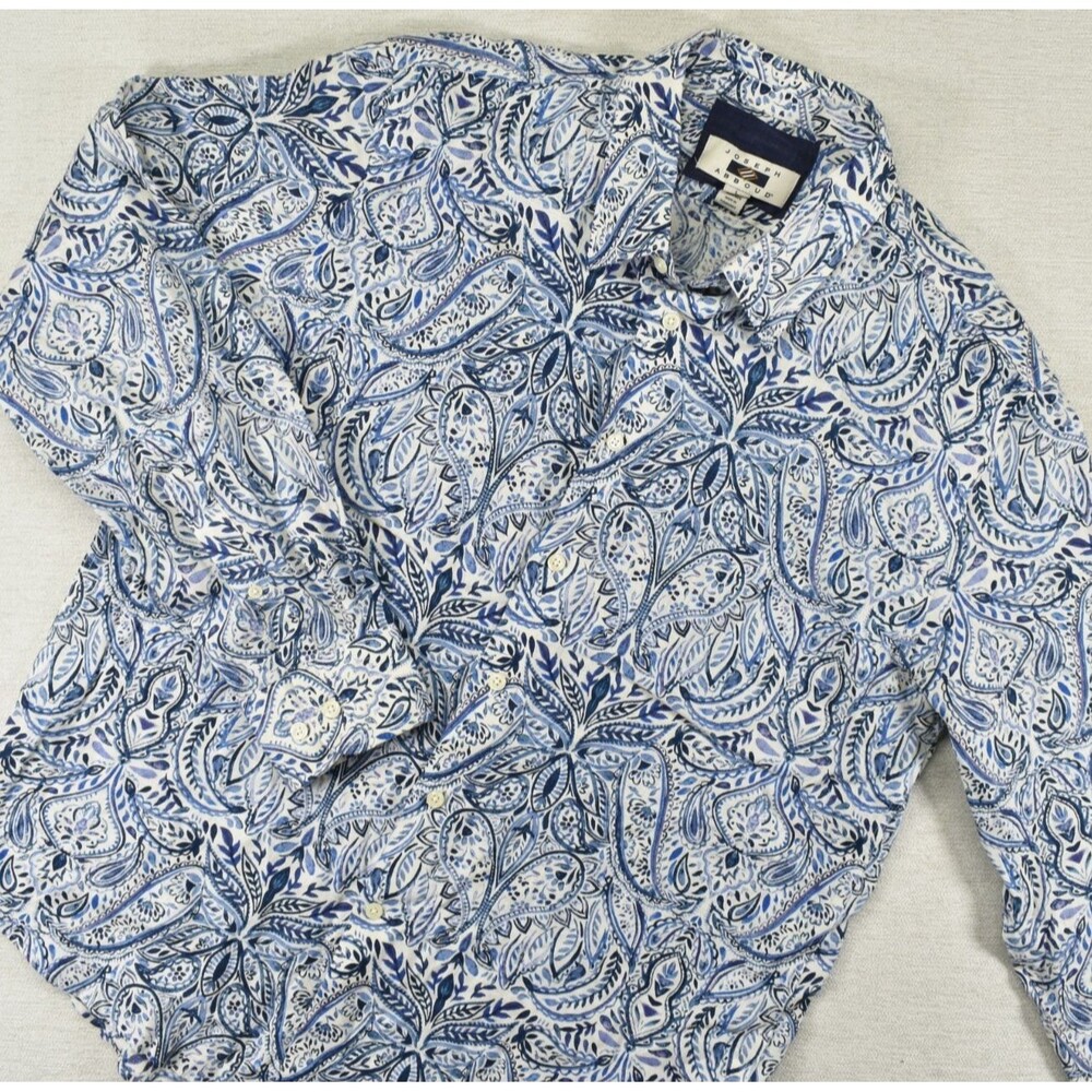 Joseph Abboud Mens Large Blue White Paisley Long Sleeve Button Up Linen Shirt